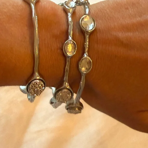 Graziano Silver Bangle Bracelets β Set of 3 Crystal & Druzy Stack NWT - Picture 4 of 6